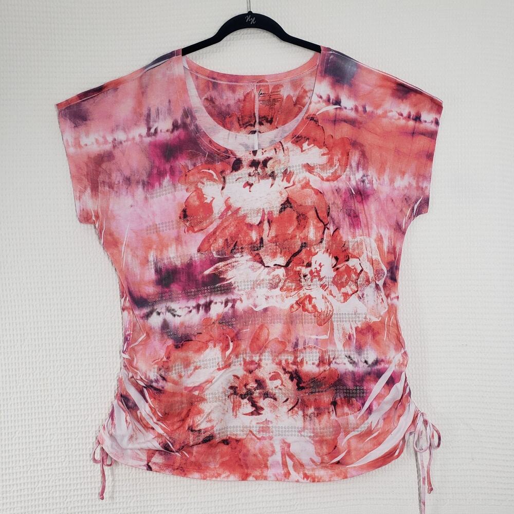 Lane Bryant Top Womens 16 Pink Y2K Ruched Short Sleeve Floral Burn Out Tie Dye